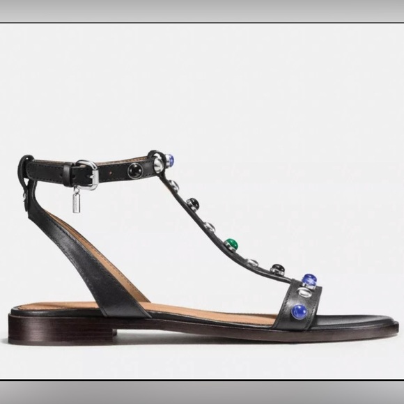 Coach Sadie Leather boho Embellished T-Strap Black Sandals Size 7.5 - Picture 3 of 12